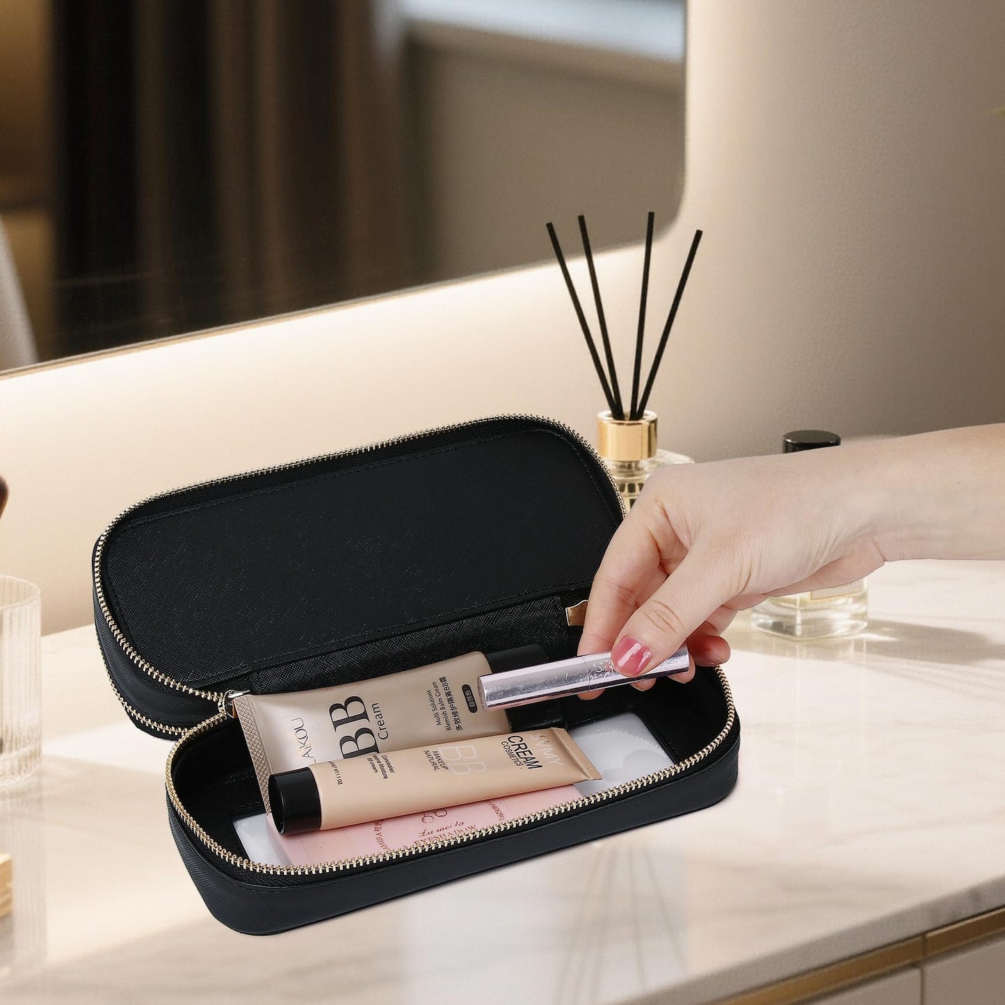 LOFOWN Double Layer Makeup Bag Makeup Brush Case Waterproof Travel Cosmetic & Toiletry Bag Purse Organizer and Car Essentials for Women (Black, 2-Layer SLIM)
