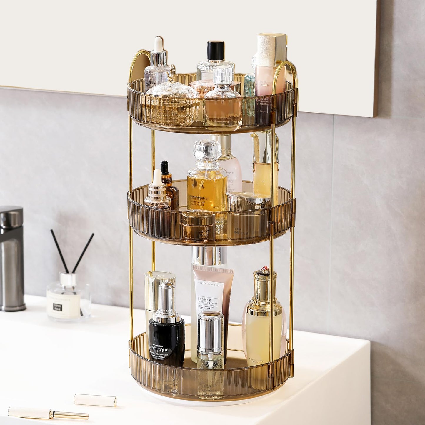 Aveniee Rotating Makeup Organizer for Vanity, 3 Tier Perfume Organizers and Storage for Bathroom Countertop, Clear Spinning Skincare Counter Shelf Holder for Dresser,Brown