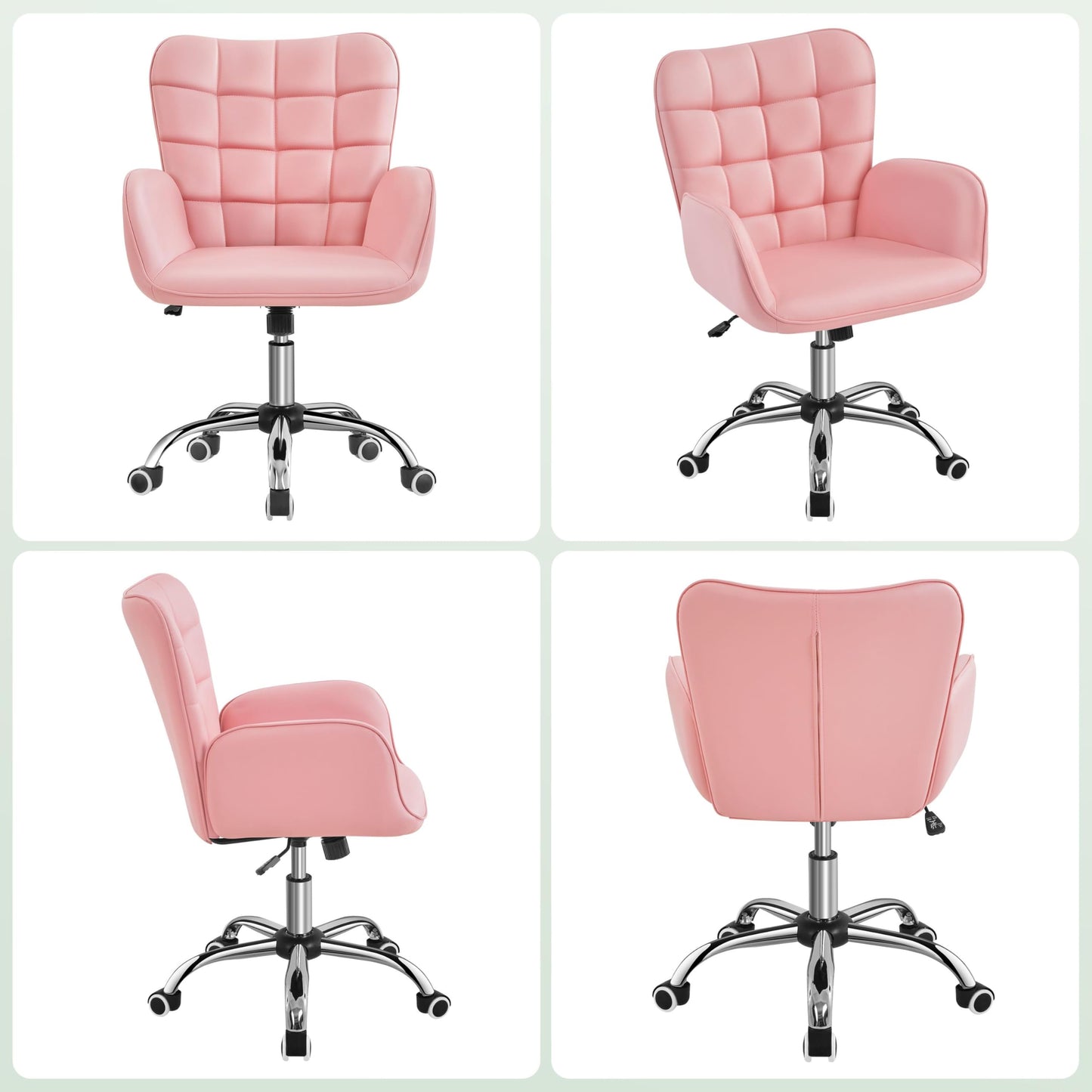 Yaheetech Modern Faux Leather Office Chair Ergonomic Adjustable Vanity Makeup Chair with Padded Armrests Big Seat for Office, Study, Home, Pink