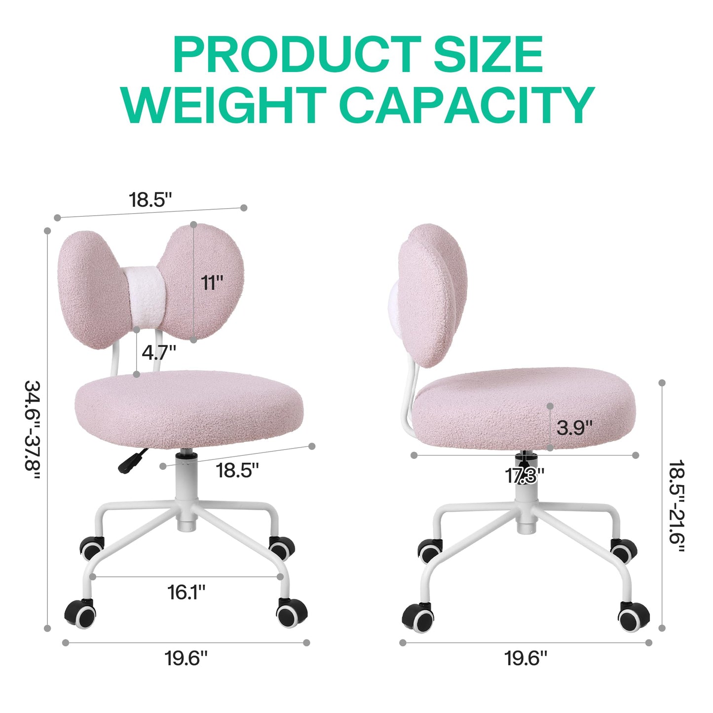 Shiepu Cute Desk Chair with Back,Comfy Small Office Chair with Wheels, Armless Adjustable Rolling Swivel Computer Chair for Home Office,Make-up Room,Bedroom,Vanity Chair for Girls,Teddy Velve,Pink