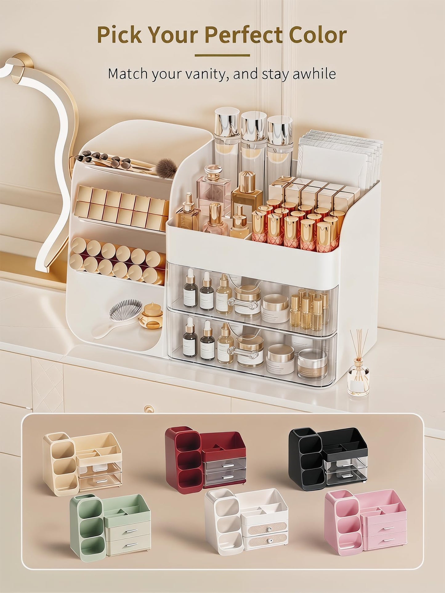 Booklov Makeup Organizer for Vanity, Countertop Cosmetic Display Case with Clear Acrylic Drawers, Bathroom Counter Beauty Caddy, Cute Table Storage Holder for Skincare, Brush Lipsticks, Crystal White