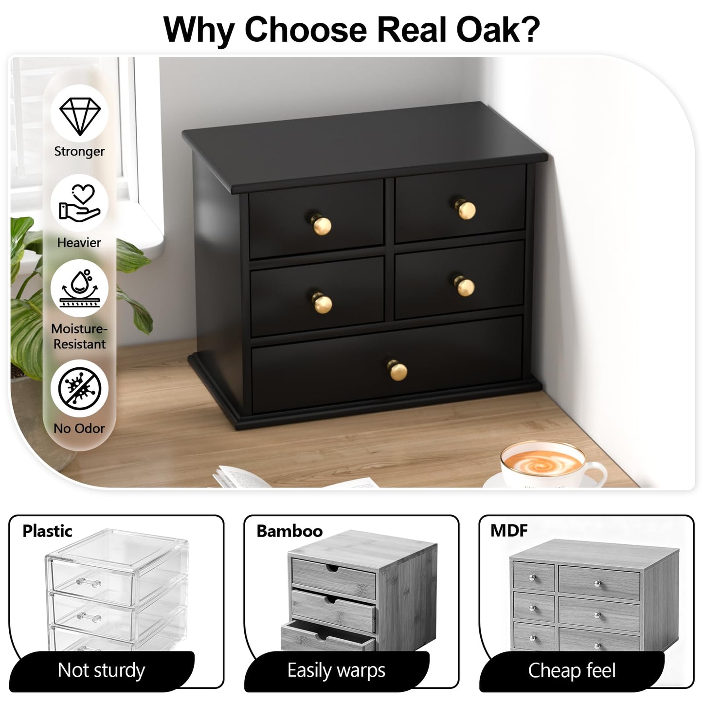 Oak Desk Organizer with Drawers, Durable Wooden Desktop Storage Box with Metal Handles & Non-Slip Silicone Pads, 5 Drawer Tabletop Organizer for Office, Bedroom, Bathroom, Vanity, and Makeup – Black