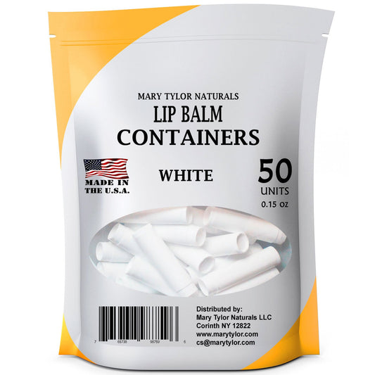 Mary Tylor Naturals 50 White Lip Balm Containers, BPA Free, Made in USA, 0.15 oz, 100% with White Caps, For DIY Lipstick, Lip Balm, Lip Gloss