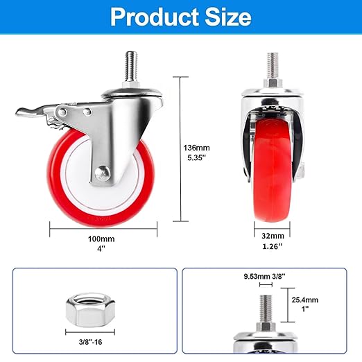 4 inch Stainless Steel Caster Wheels Heavy Duty, 3/8"-16x1 Threaded Stem Casters with Side Brake, Rust Resistant, Red Polyurethane PU Wheels for Hospital, Lab, Furniture, Restaurant