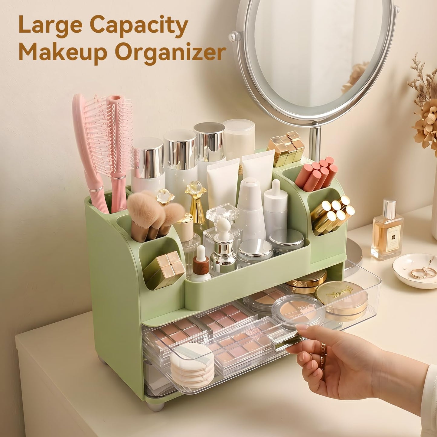 Brothersbox Makeup Organizer for Vanity with 2 Large Drawers and 6 Brush Holders, Large Bathroom Countertop Cosmetic Storage for Skincare, Lipstick, Nail Polish, Perfume, Gift for Women, Green
