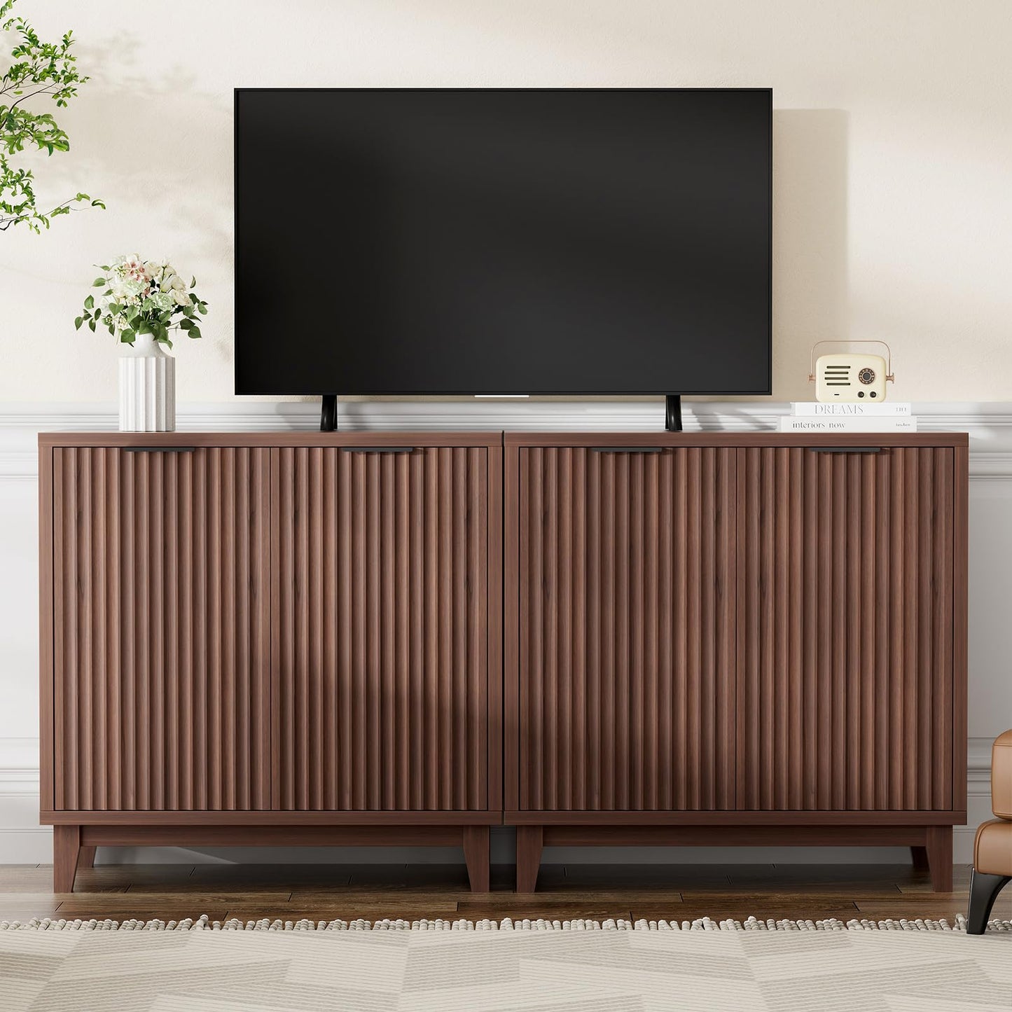 Fluted Cabinet with Storage, 2 Doors Sideboard Buffet, Mid Century Modern Accent Cabinet with Adjustable Shelves, Multifunctional Console Table with Storage for Living Room, Kitchen, Entryway