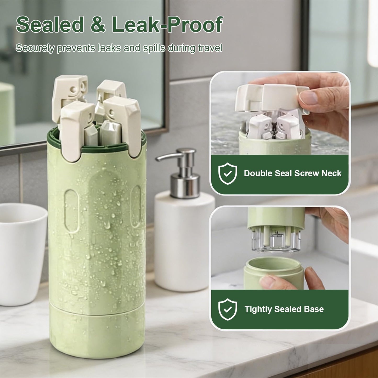 4 in 1 Refillable Travel Dispenser, Portable Travel Toiletries Bottle Set, Leak Proof Travel Size Liquid Containers, Reusable Empty Cosmetic Bottles for Vacation Business Trip Camping (Green)