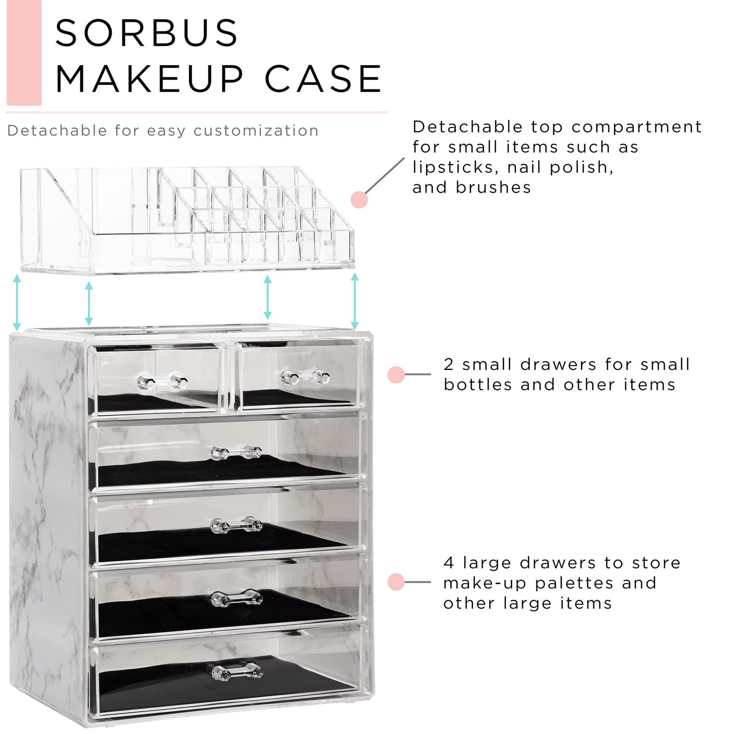 Sorbus Acrylic Makeup Organizer Set, 6-Drawer Vanity & Countertop Cosmetic Storage with Small & Wide Compartments, Marble Print Makeup Storage for Brushes, Jewelry – Holiday Gift for Women & Teens
