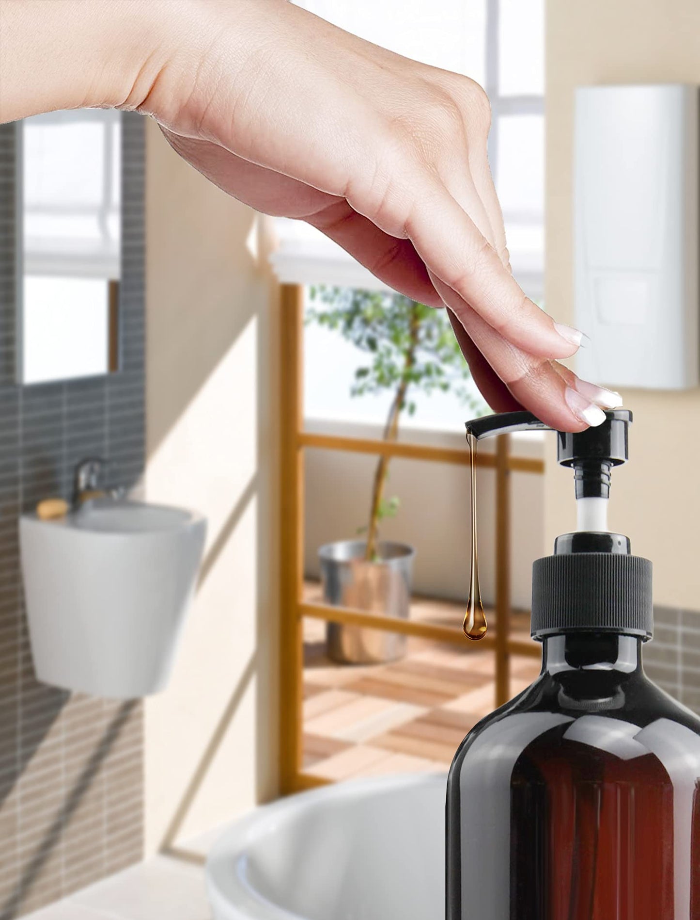 Empty Plastic Bottles with Pump Dispenser and Labels Included, Refillable Travel Containers for Hand sanitizer Shampoo Lotion, etc - No BPA/Parabenf, 500ml/16.9oz (Amber, 6 Pack)