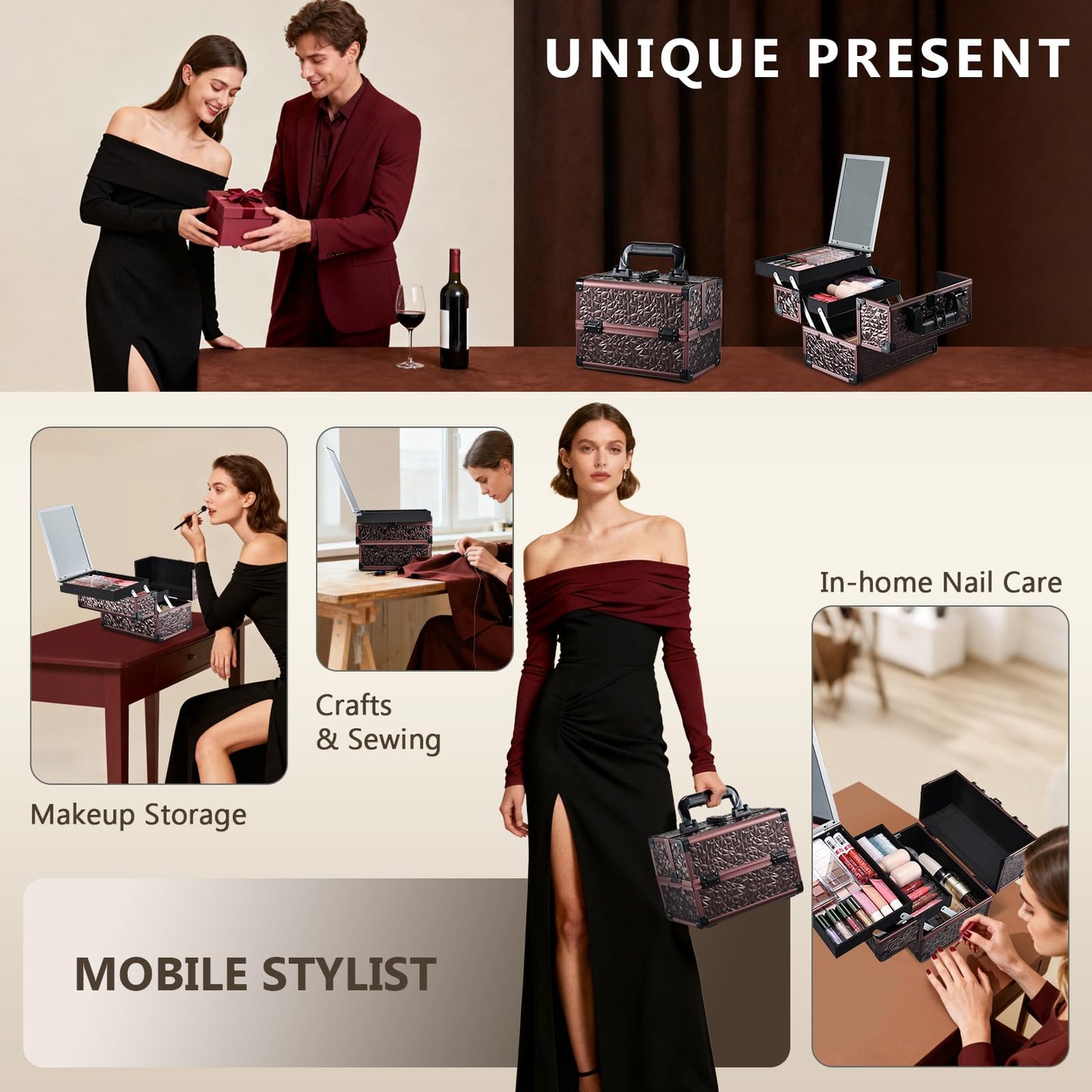 Joligrace Makeup Train Case Cosmetic Box Portable Makeup Case Organizer 2 Trays Makeup Storage with Mirror Locking for Cosmetologist Aesthetic Supplies Nail Tech Traveling Makeup Box Dark Brown