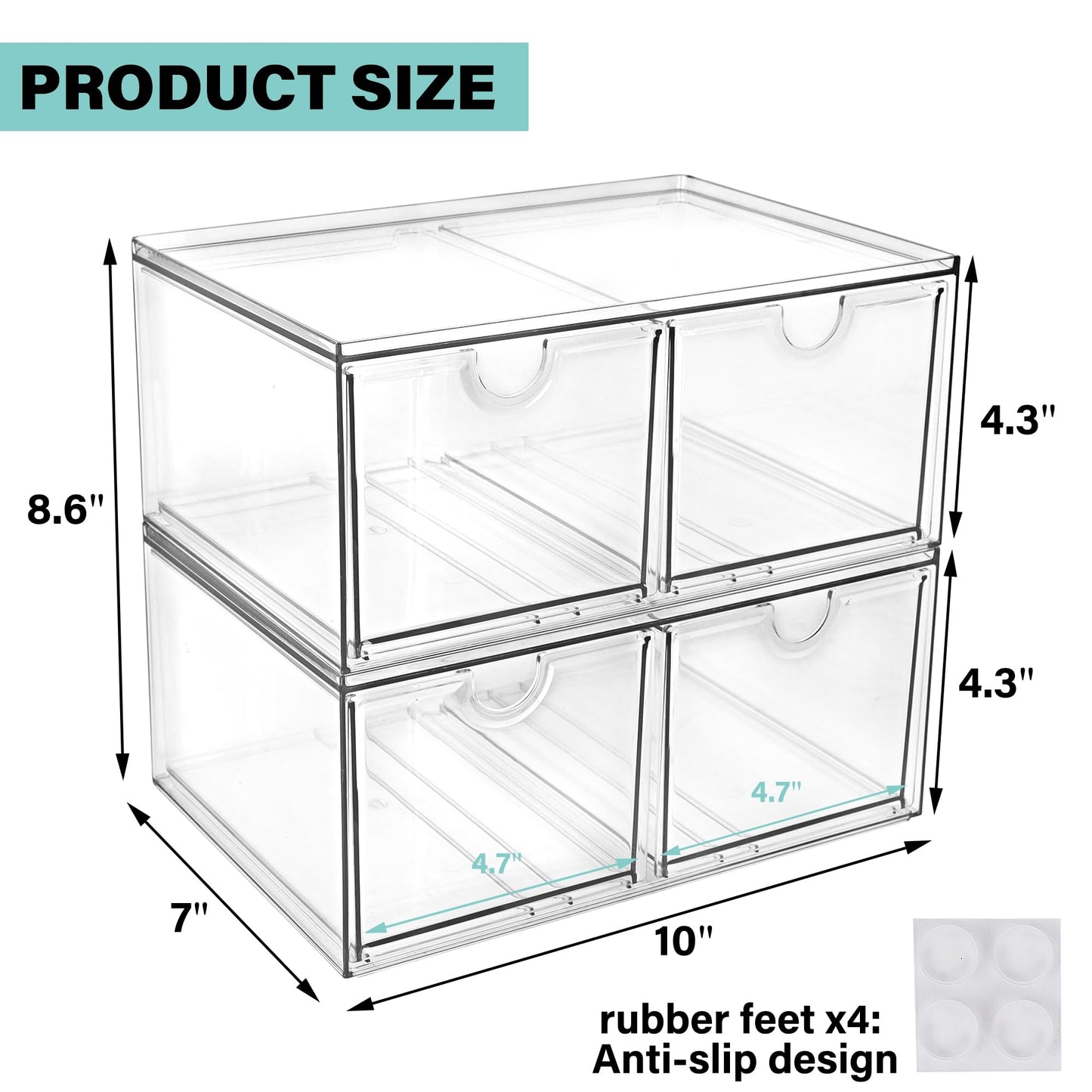 Prsildan Stackable Clear Makeup Organizer, 2 Pack Acrylic Storage Drawers with 4 Drawers for Vanity Bathroom Office Desk Modular Drawer System for Cosmetics Jewelry Toiletries Home Organization