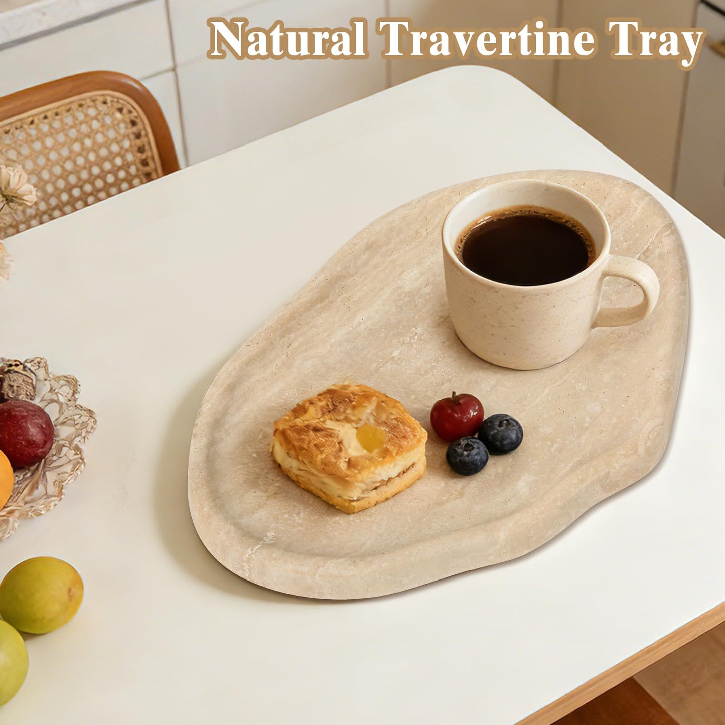 Moujings Natural Travertine Vanity Tray - Decorative Stone Marble Tray for Bathroom Countertop, Elegant Organizer for Home Decor, Jewelry, Candle, Makeup, Kitchen and Dresser Decor