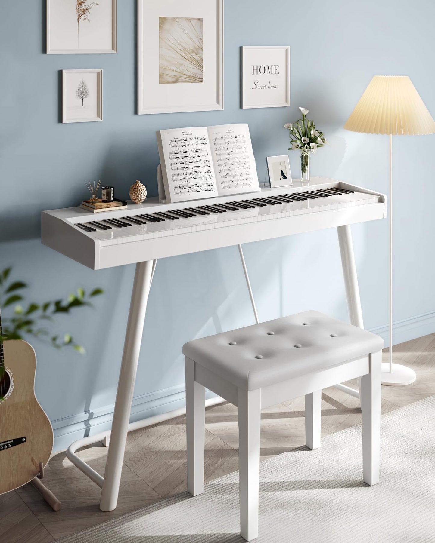 SONGMICS Piano Bench with Padded Cushion and Storage Compartment for Music Books, Vanity Stool, Tufted Wooden Piano Seat, 13.8 x 22 x 19.5 Inches, White ULPB55WT