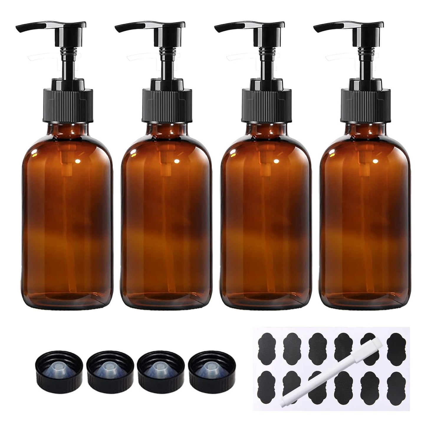 BPFY 4 Pack 8 oz Amber Glass Pump Bottles, Boston Round Bottles with Pumps for Lotion, Soap, Massage Oils, Refillable Containers with Caps