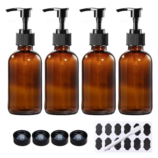 BPFY 4 Pack 8 oz Amber Glass Pump Bottles, Boston Round Bottles with Pumps for Lotion, Soap, Massage Oils, Refillable Containers with Caps