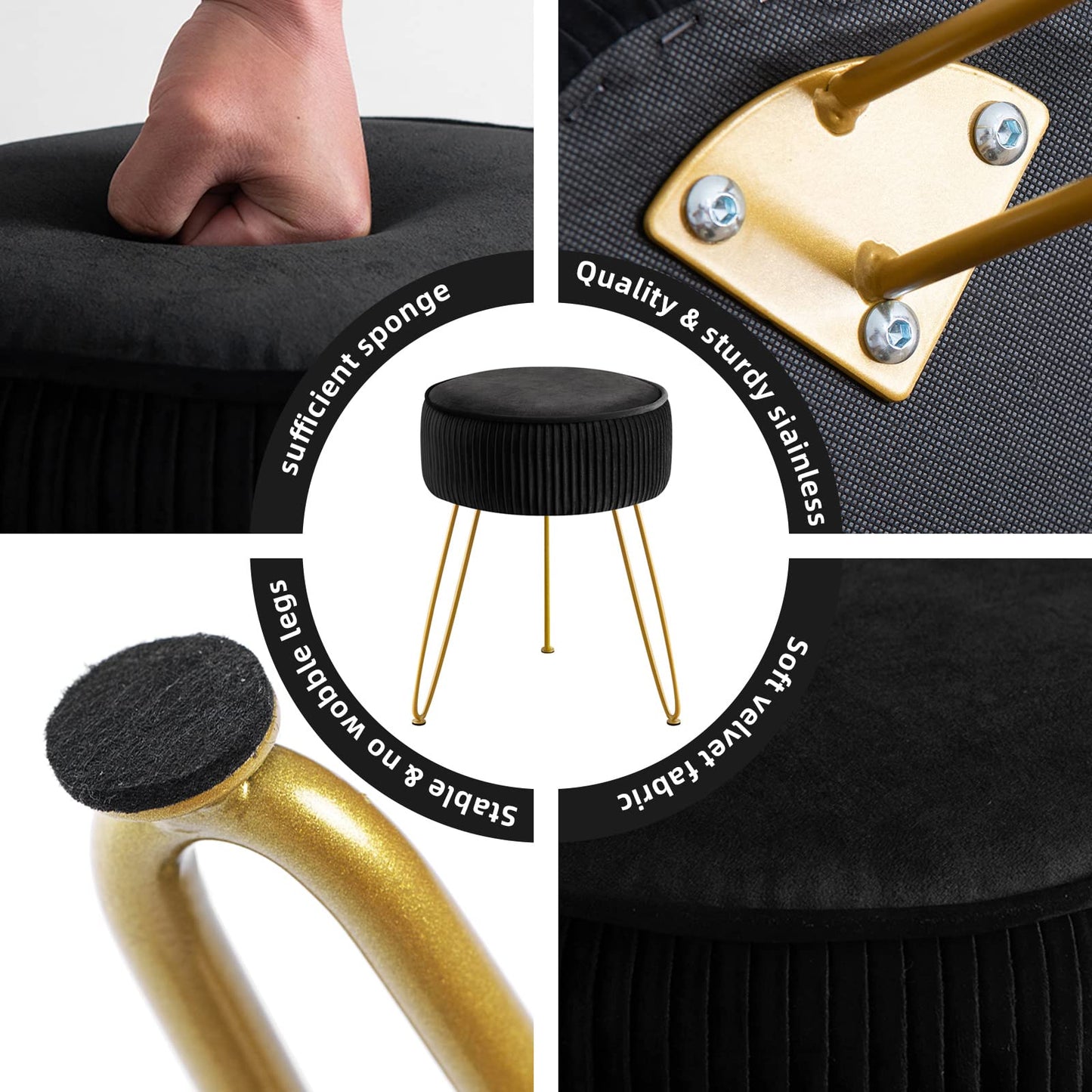 GERANT Multifunctional Vanity Stool,Modern Vanity Stools for Makeup Room,Velvet Round Ottoman Footrest Stool with Metal Legs, Upholstered Pleated Vanity Chair Stool for Living Room,Offices(Black)