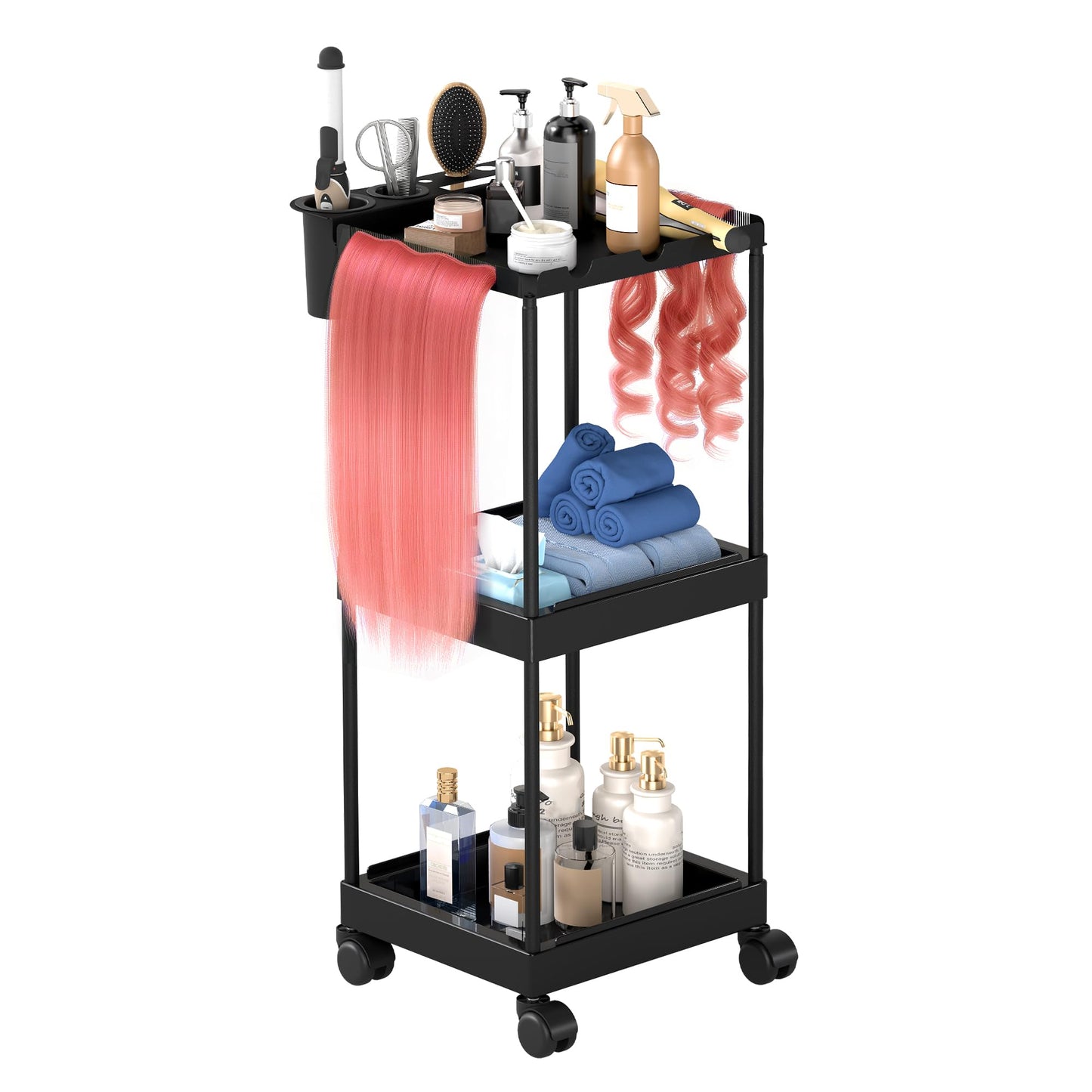 3 Tier Hair Extension Holder, Rolling Hair Extension Tool Trolley Cart, Wigs Styling Braiding Rack Separator Stand, Hairstylist Extensions Hanger Display Stand for Home Beauty Hair Salon Hairdressing