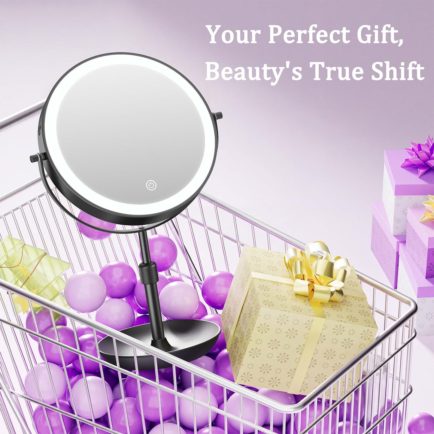 Auxmir 9" Large Lighted Makeup Mirror with Magnification, 1X/30X Double Sided Magnifying Mirror with Adjustable Height, Rechargeable Vanity Mirror with 3 Color Dimmable Lights, 360° Rotation