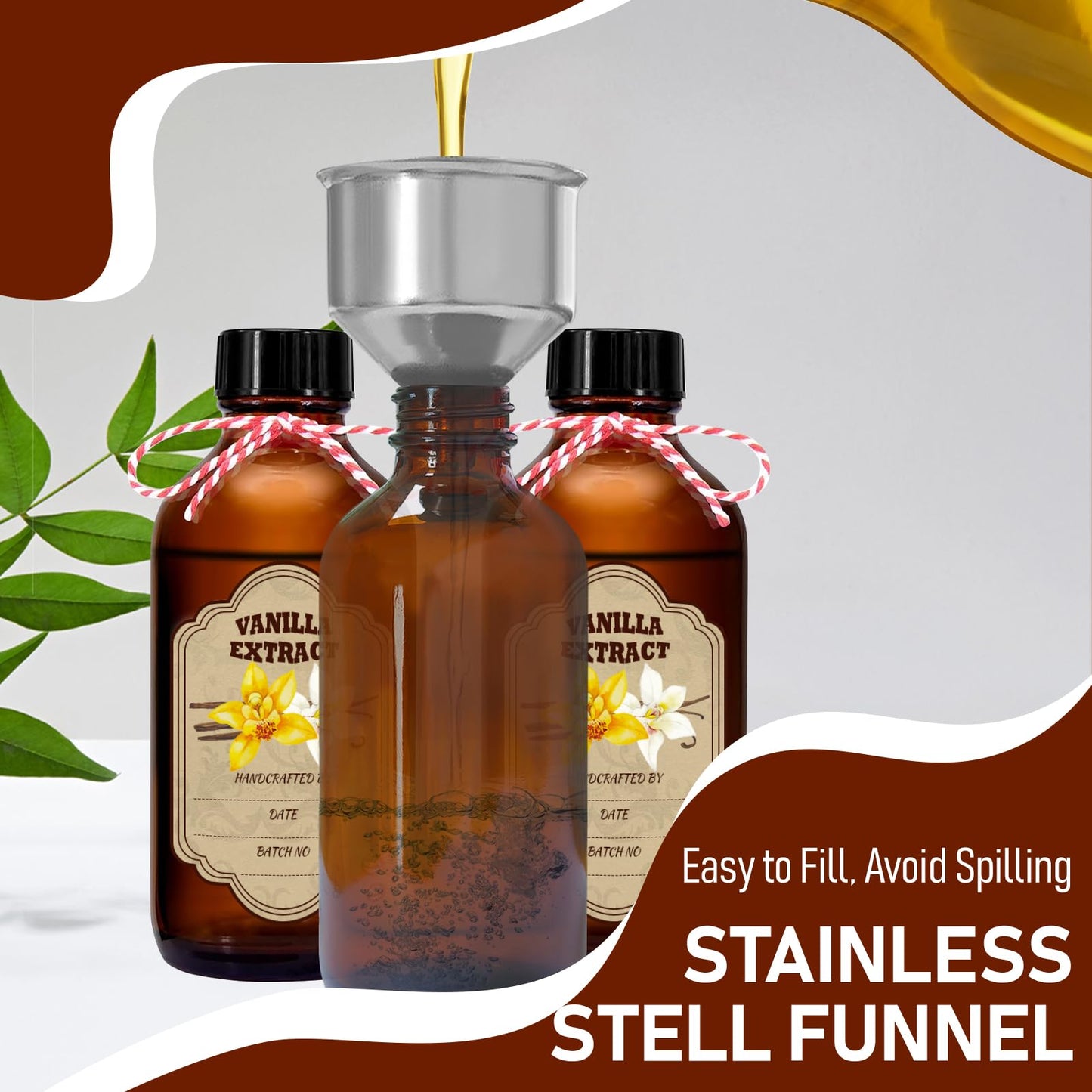 NVioAsport 8 Pack Amber Glass Vanilla Extract Bottles with Lids, 8 PCS Vanilla Extract Labels and Funnel, Glass Boston Vanilla Bottles for Syrup Gift, Jars Glass Bottles for Vanilla Extract (4oz)