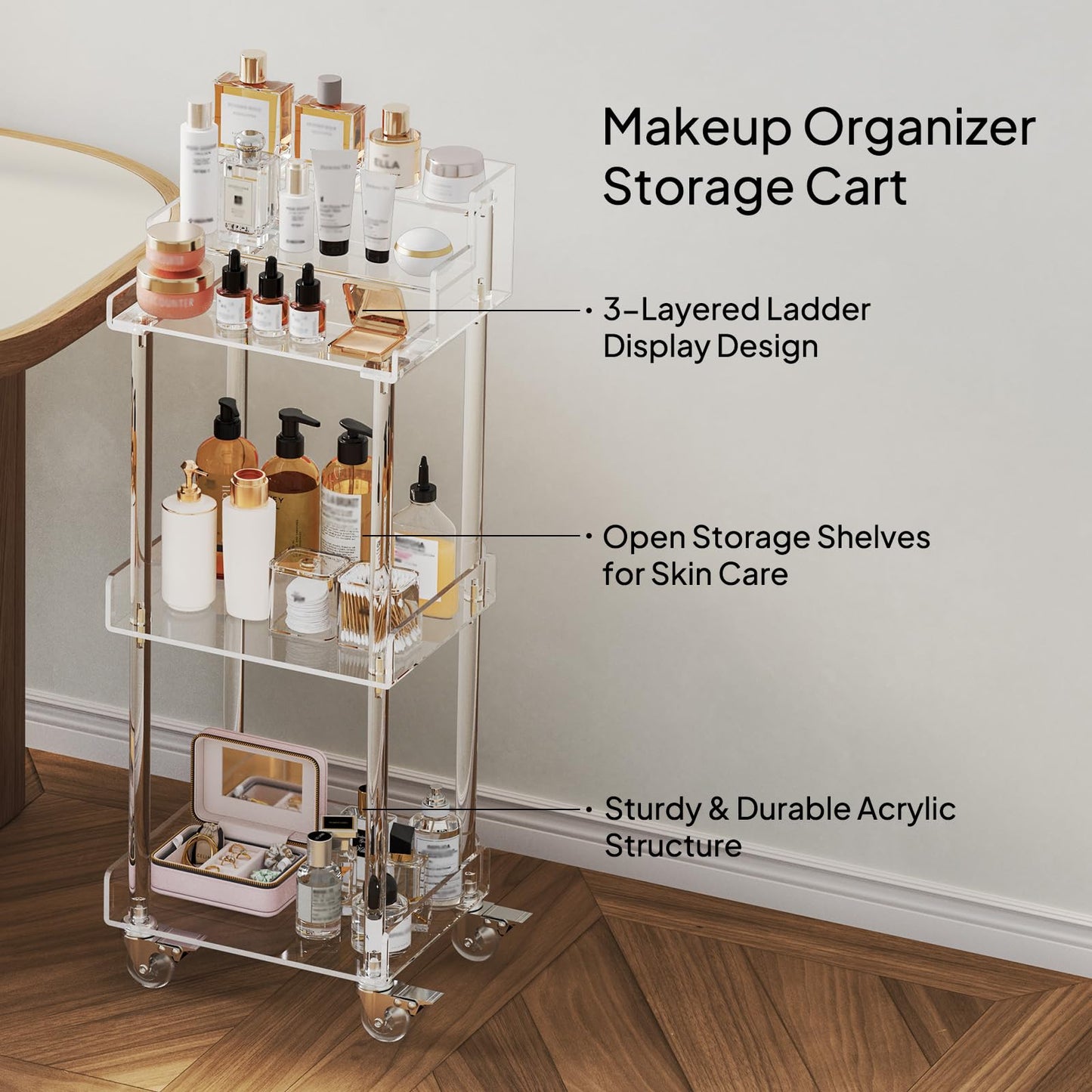 Aquiver Acrylic Makeup Storage Cart, Cosmetic Display Case Vanity Cart