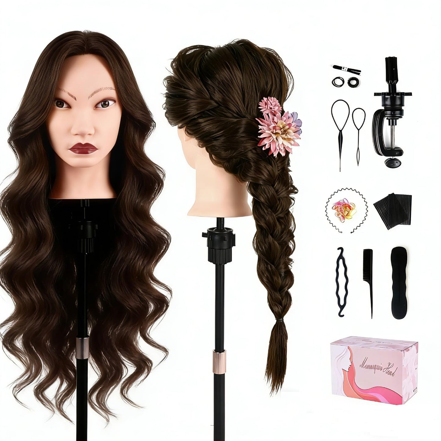 Mannequin Head with 90% Human Real Long Hair, Cenoz 26" Hairdresser Cosmetology Training Head with Stand and Tool, Manikin Training Practice Head, Doll Head for Hair Styling Braiding DIY（Dark Brown）