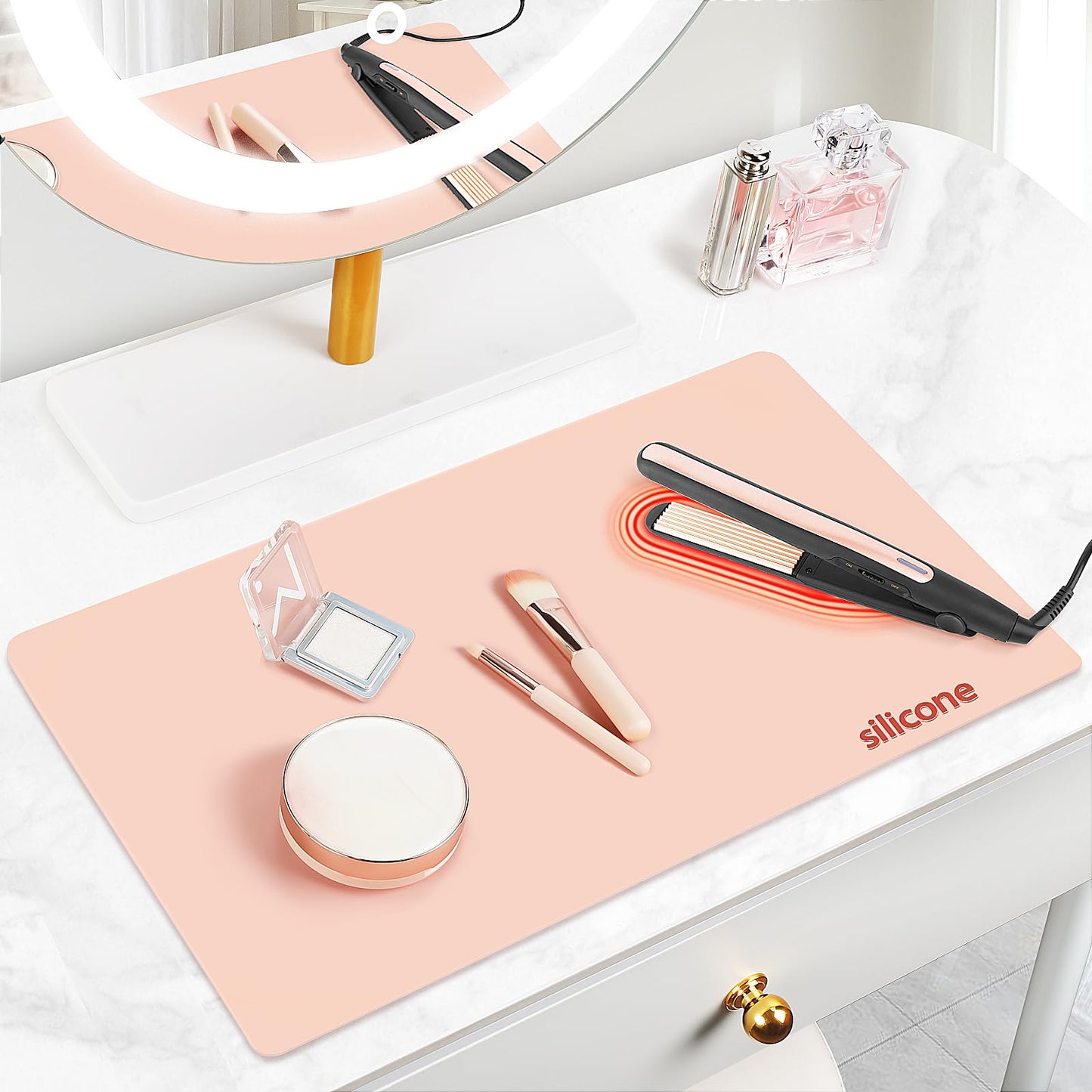 Silicone Makeup Mat for Vanity, 21.7" x 11.8" Heat Resistant Vanity Mat, Easy to Clean & Waterproof, Portable Makeup Accessories for Use While Traveling (Pink)