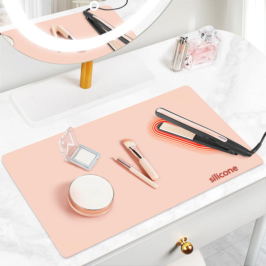 Silicone Makeup Mat for Vanity, 21.7" x 11.8" Heat Resistant Vanity Mat, Easy to Clean & Waterproof, Portable Makeup Accessories for Use While Traveling (Pink)
