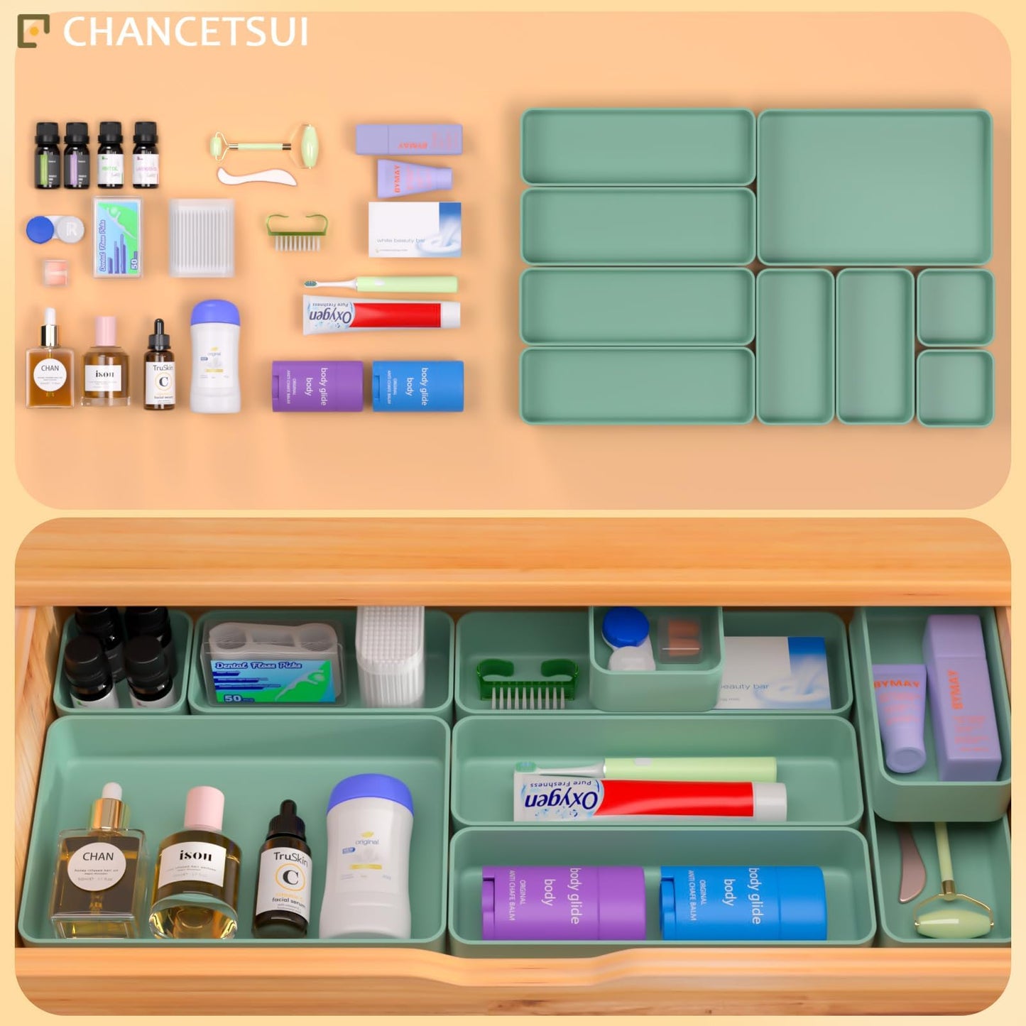 CHANCETSUI 9 Pcs Stackable Drawer Organizer Trays Set, Green, Multifunctional Storage for Vanity, Bathroom, Kitchen, Desk Drawer Organizer Office, PET Plastic