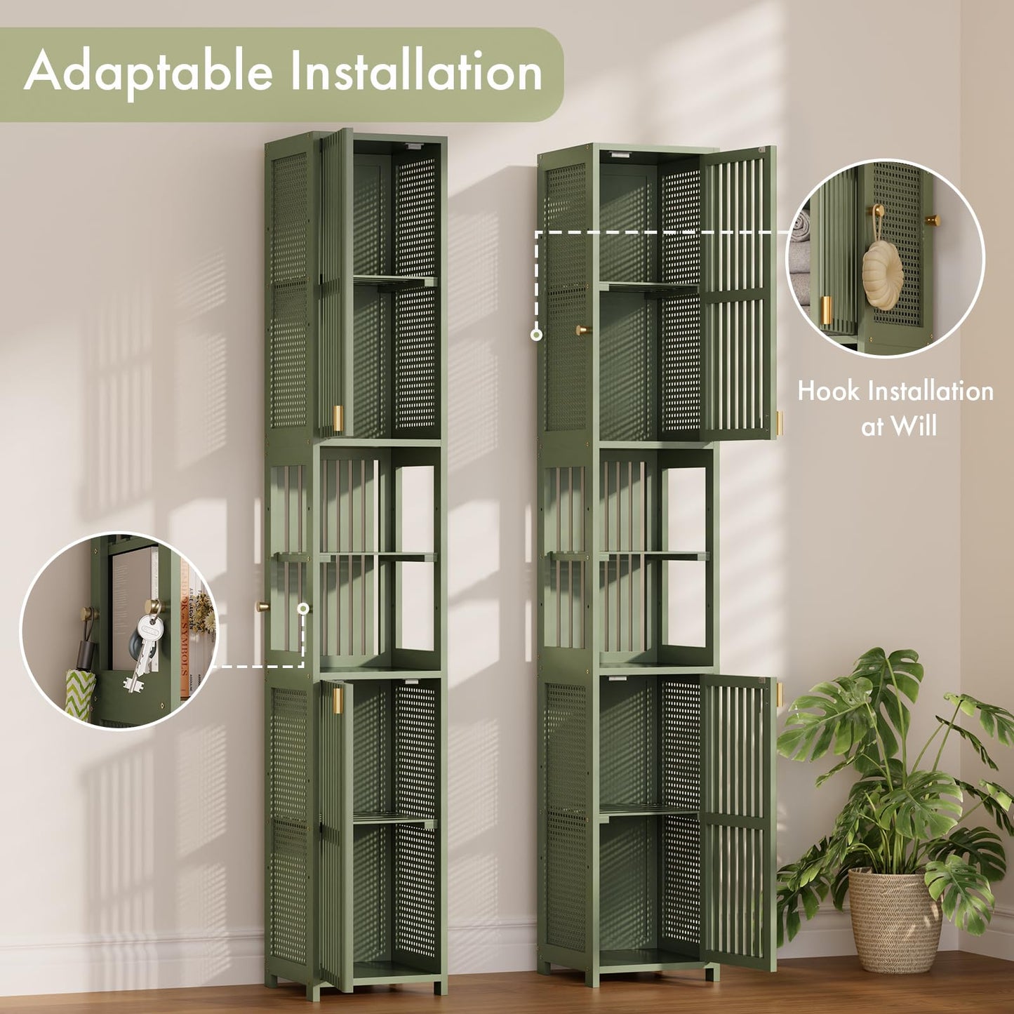 Amazer Tall Bathroom Storage Cabinet 70'', Freestanding Cabinet Storage with Rattan Door and Adjustable Shelves, Bamboo Narrow Storage Cabinet Organizer for Living Room Kitchen, Forest Green