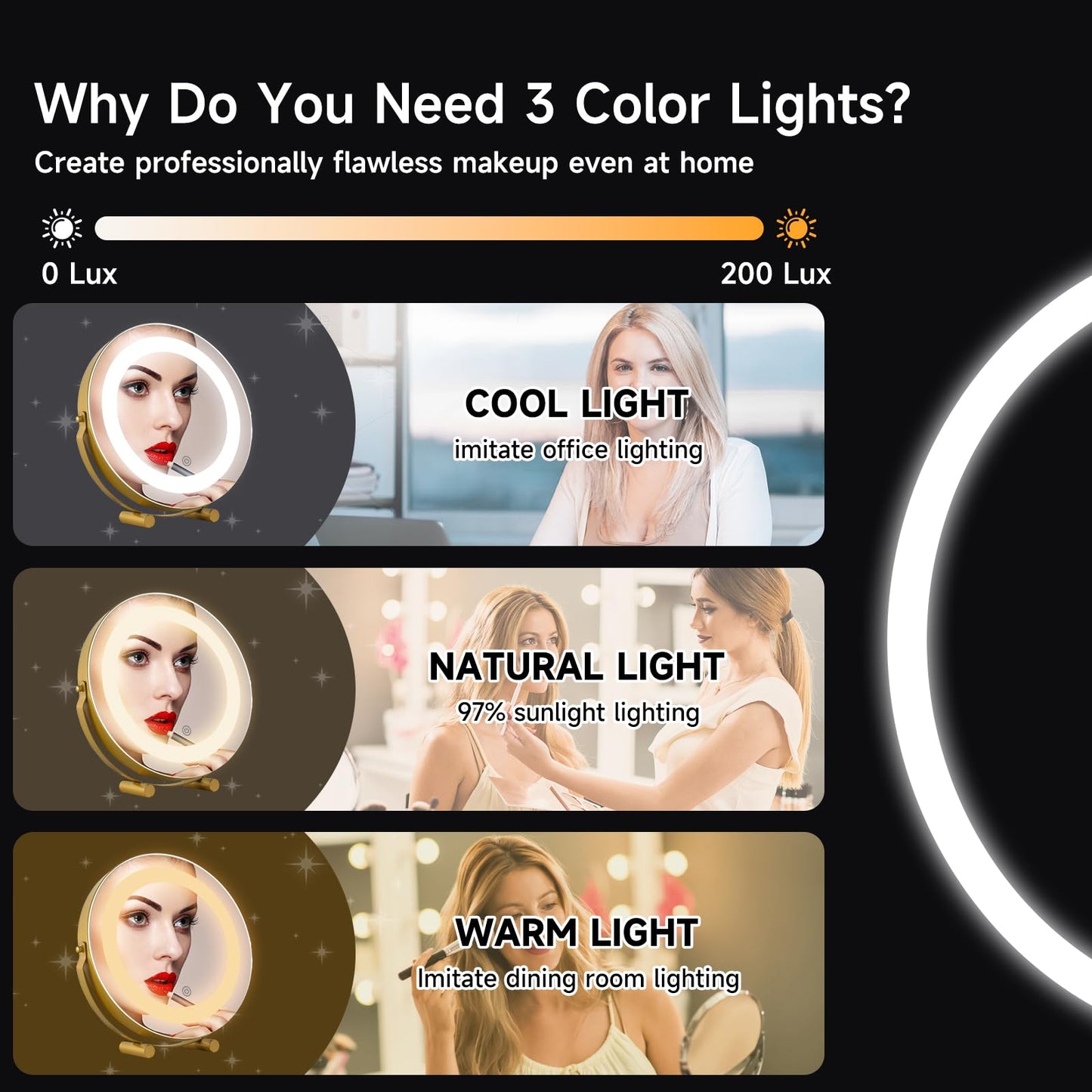 taotanra-Gold Makeup Mirror with controllable Color-Changing Light, Placed on the Table, 360° Rotation - Large Size