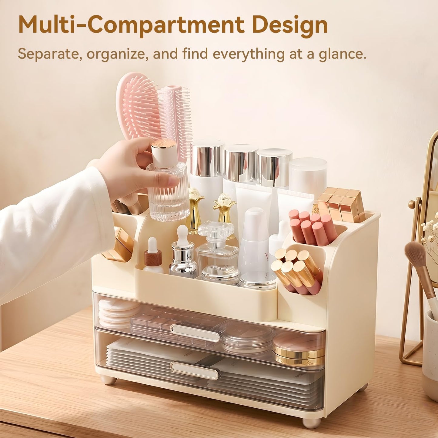 Brothersbox Makeup Organizer for Vanity with 2 Large Drawers and 6 Brush Holders, Large Bathroom Countertop Cosmetic Storage for Skincare, Lipstick, Nail Polish, Perfume, Gift for Women, Cream