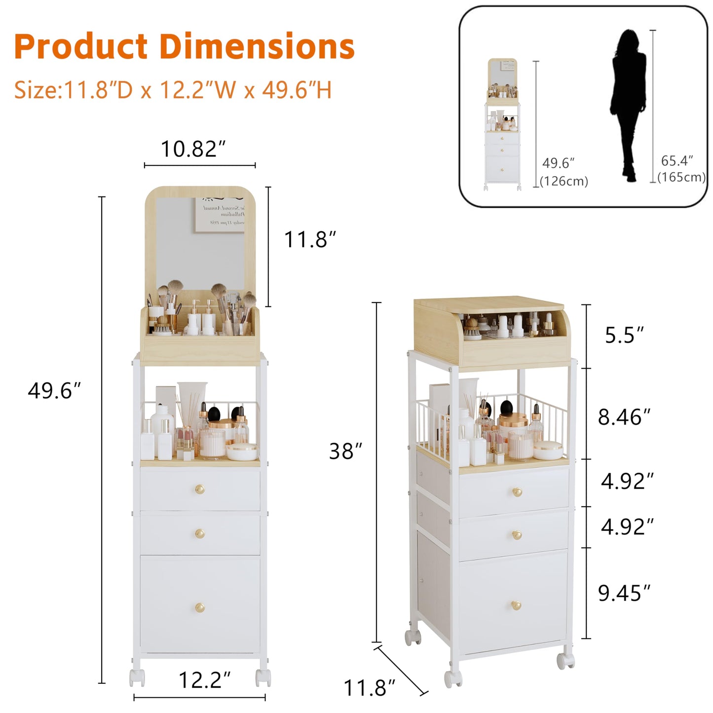 ZQUYAJ Makeup Organizer Cart with Vanity Mirror, Floor Skincare Organizers Make Up Organizers-Vanity Organizer Cosmetic Display Cases Holder for Skin Care Perfume Nail Polish Brush Hair Tool (White)