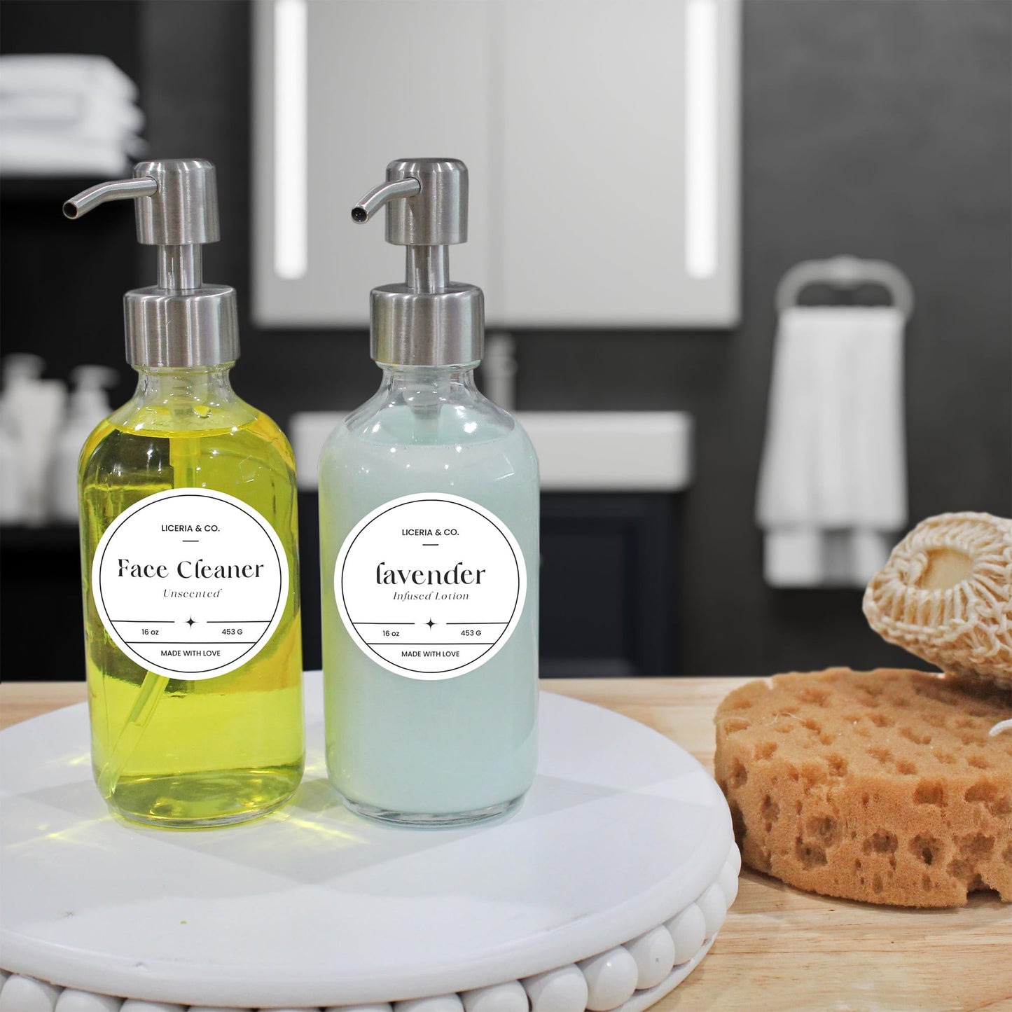 Cornucopia Brands 8oz Clear Glass Bottles w/Stainless Steel Lotion Pumps (4-Pack); Liquid Soap & Lotion Pump Dispensers
