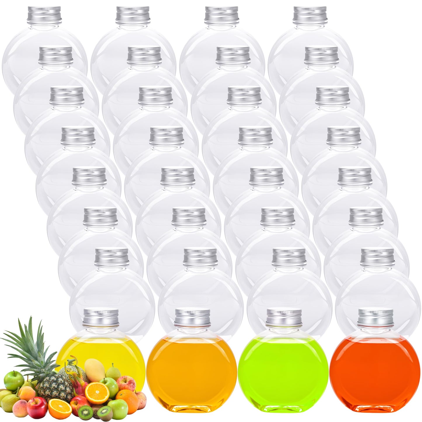 32 Pack Plastic Juice Bottles with Silver Aluminum Cap Clear Mini Plastic Flask Bulk 10 oz Leak Proof Juice Container Round Flat Beverage Container for Milk Coffee Picnic Christmas Birthday Party