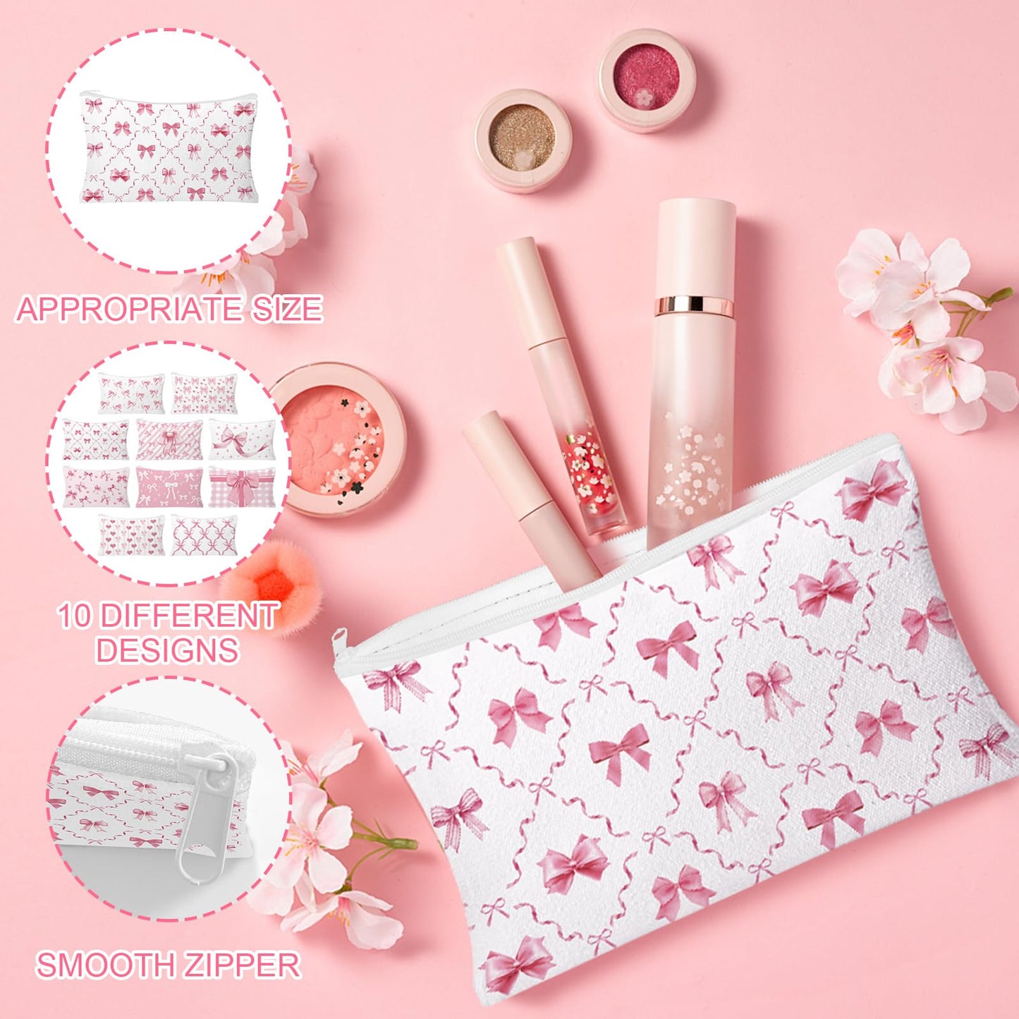 HSDSH 30pcs Pink Bow Makeup Bag Coquette Cosmetic Bags for Women Elegant Bow Preppy Pink Pouch Travel Toiletry Bag for Women Girls Mothers Day Gifts