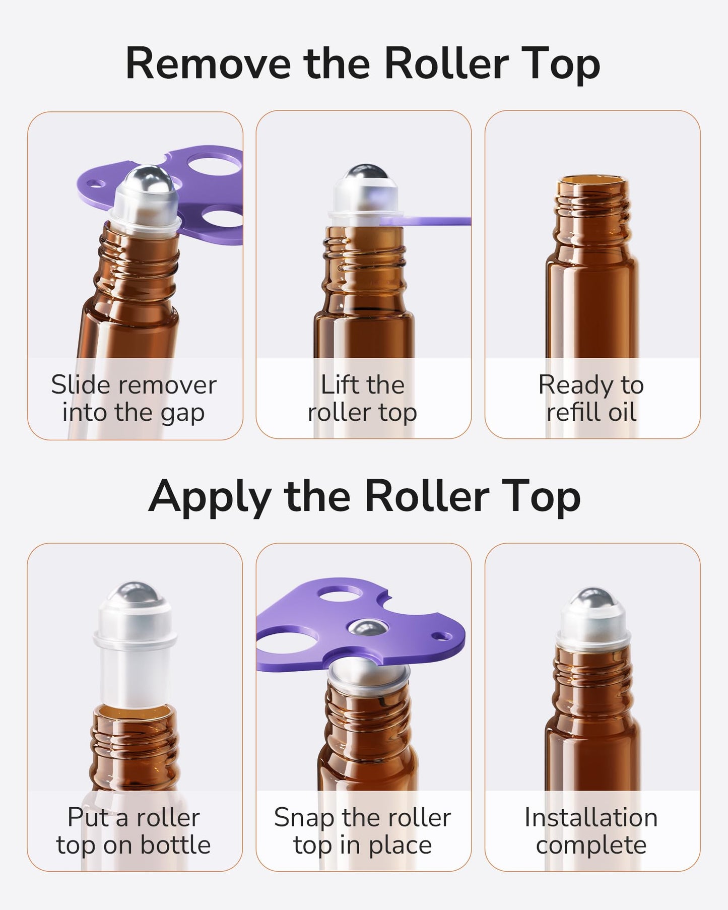 ULG 48-Pack Essential Oil Roller Bottles 10ml, Empty Bottles with Stainless Steel Roller Balls and Waterproof Labels, Amber Roller Balls For Essential Oils