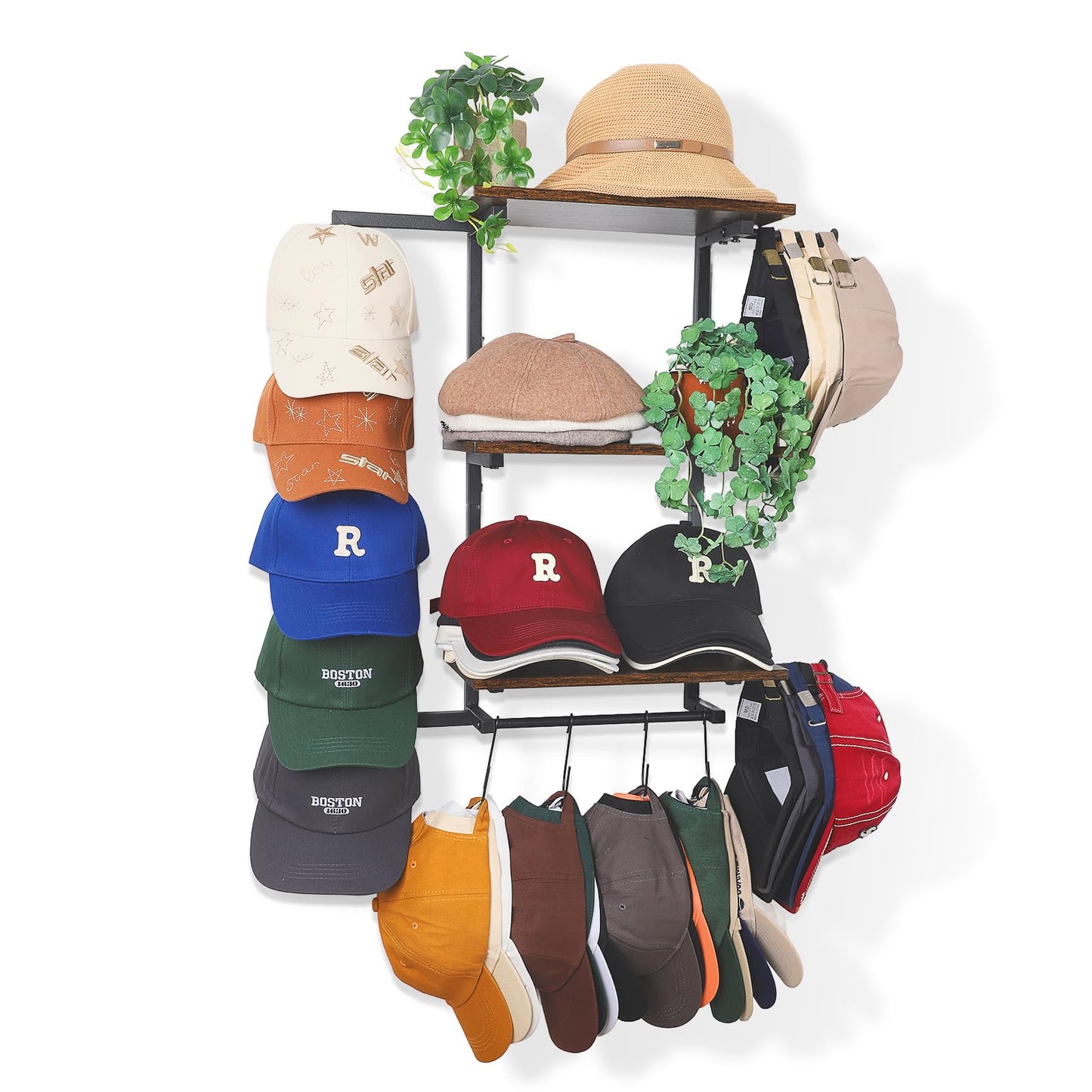 Keebofly Hat Rack for Wall with Shelf for Handbags, Purse,Bennies, Perfumes & Cosmetics Display, Hat Holder Storage for 100+ Caps, Baseball Cap Organizer & Beanie Holder for Closet, Entryway, Bedroom