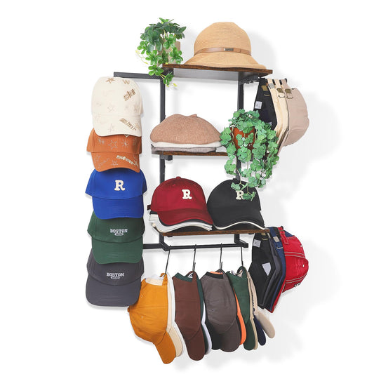 Keebofly Hat Rack for Wall with Shelf for Handbags, Purse,Bennies, Perfumes & Cosmetics Display, Hat Holder Storage for 100+ Caps, Baseball Cap Organizer & Beanie Holder for Closet, Entryway, Bedroom