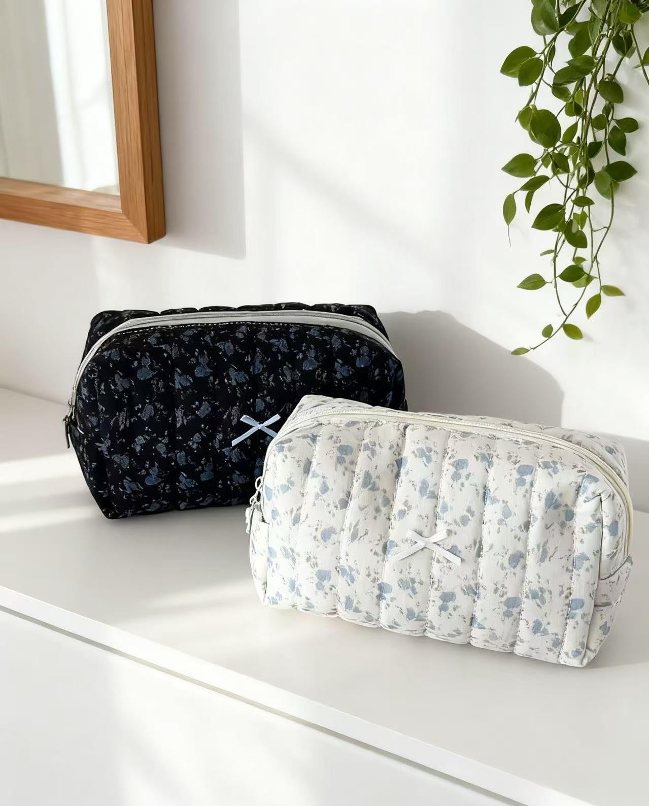 2 Pack Puffy Quilted Makeup Bag Set,Floral Quilted Makeup Pouch,Coquette Cotton Toiletry Bag for Travel Women Girl, Flower Cute Pouch Travel Toiletry Bags,Aesthetic Travel Cosmetic Bags