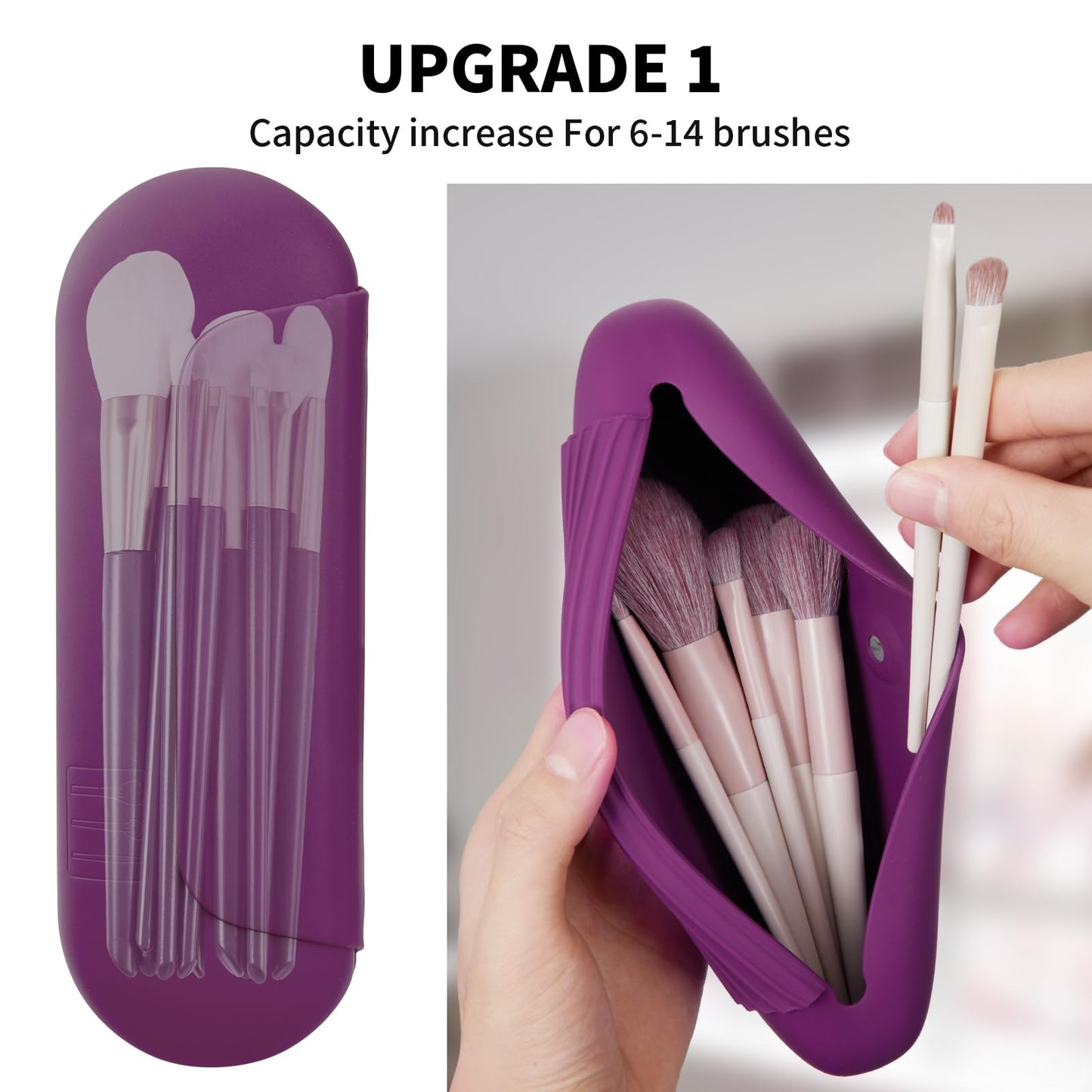 AGIKET Silicone Makeup Brush Holder Travel Cosmetic Bag：Soft Portable Cosmetic Face Brushes Holder with Upgrade Anti-Fall Out Magnetic Closure, Large Travel Makeup Brush Case - Dark Pruple