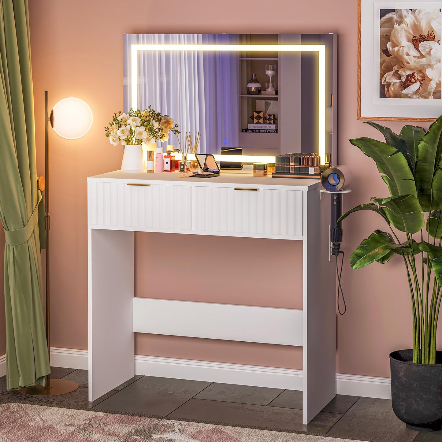 Garvee Fluted Vanity Desk with Large Mirror and Lights, Makeup Vanity with 2 Drawers, 3 Lighting Modes Adjustable Brightness, Make Up Table for Bedroom, White