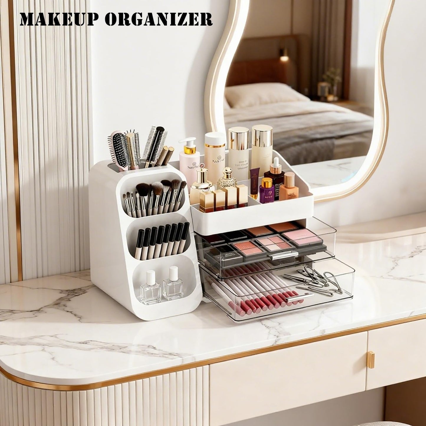 ShinyDew Bathroom Countertop Makeup Organizer with Brush Holder, Large Cosmetic make up storage organizers with 2 Drawers for Vanity Counter top, Makeup Caddy for skincare, lipsticks, hairbrush