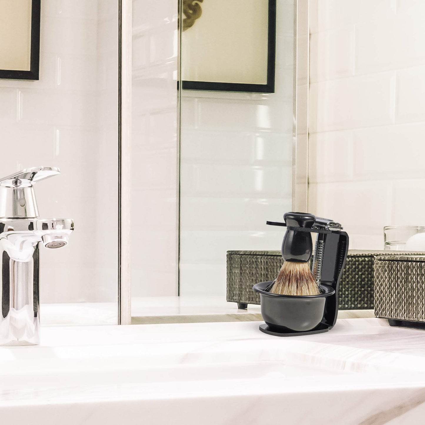 Classic DE Razor Double Edge Safety Razor Butterfly TTO Shaving Razor with Black Acrylic Stand and Bristle Shaving Brush Mini Soap Bowl 10 Blades Wet Shaving Gift Set for Men w/Cleaning Brush