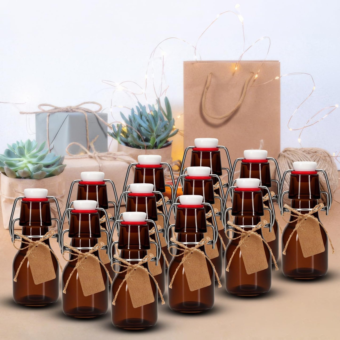 eispap 12Pcs 2 oz Amber Mini Swing Top Glass Bottles with Stoppers Small Flip Top Bottles with Airtight Lids for Crafts Decoration Wedding Themed Party Favors (12)
