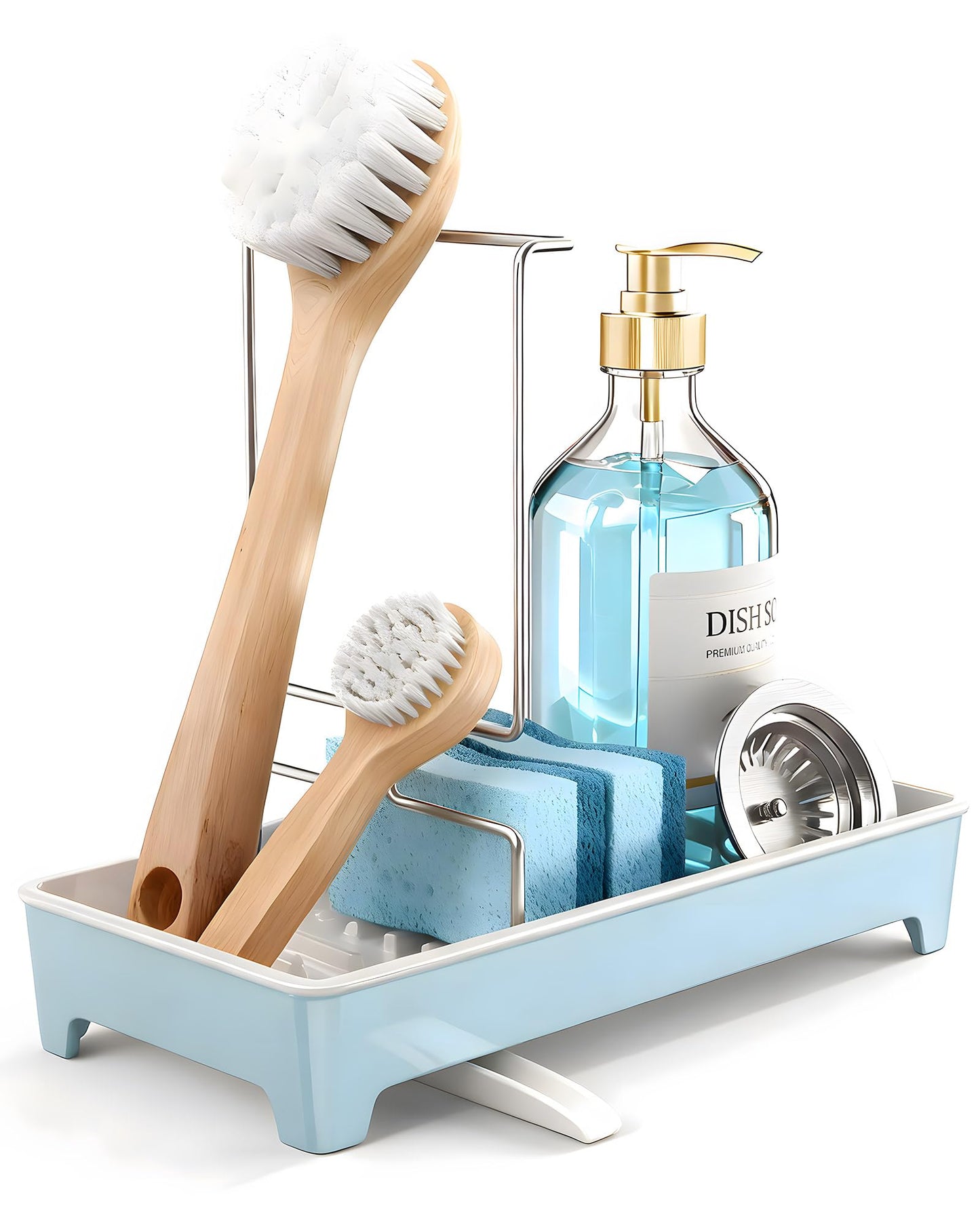 Caumic Minimalist Sink Caddy, Rustproof Sponge Holder for Kitchen Sink with 304 Stainless-Steel Brush Holder, Countertop Rack Organizer with Raised Ridges & Silicone Drain Tube (Pastel Blue, Large)
