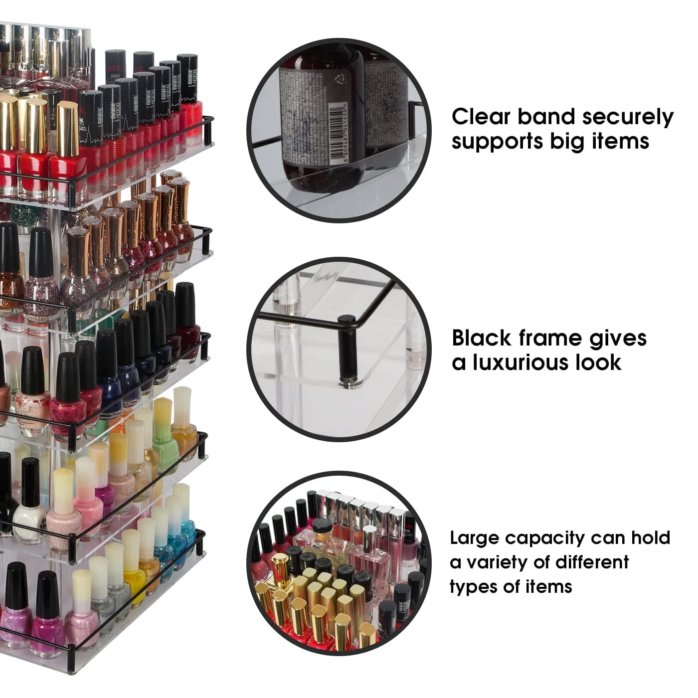J JACKCUBE DESIGN Nail Polish Organizer, 5 Tier Acrylic 360 Rotating Display Rack Stand Makeup Cosmetics Storage Box Carousel Shelf with Black Iron Guard, Hold Up to 310 – MK302-5