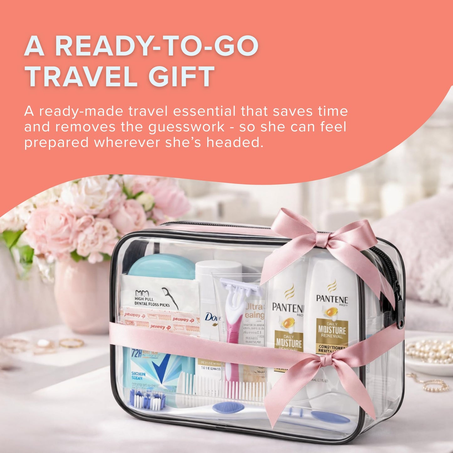TrekTote 15-Piece Women’s Travel Toiletry Kit – Premium Brand-Name Shampoo, Conditioner, Body Wash, Deodorant & Toothpaste, TSA Approved Travel Size Set with Clear Bag