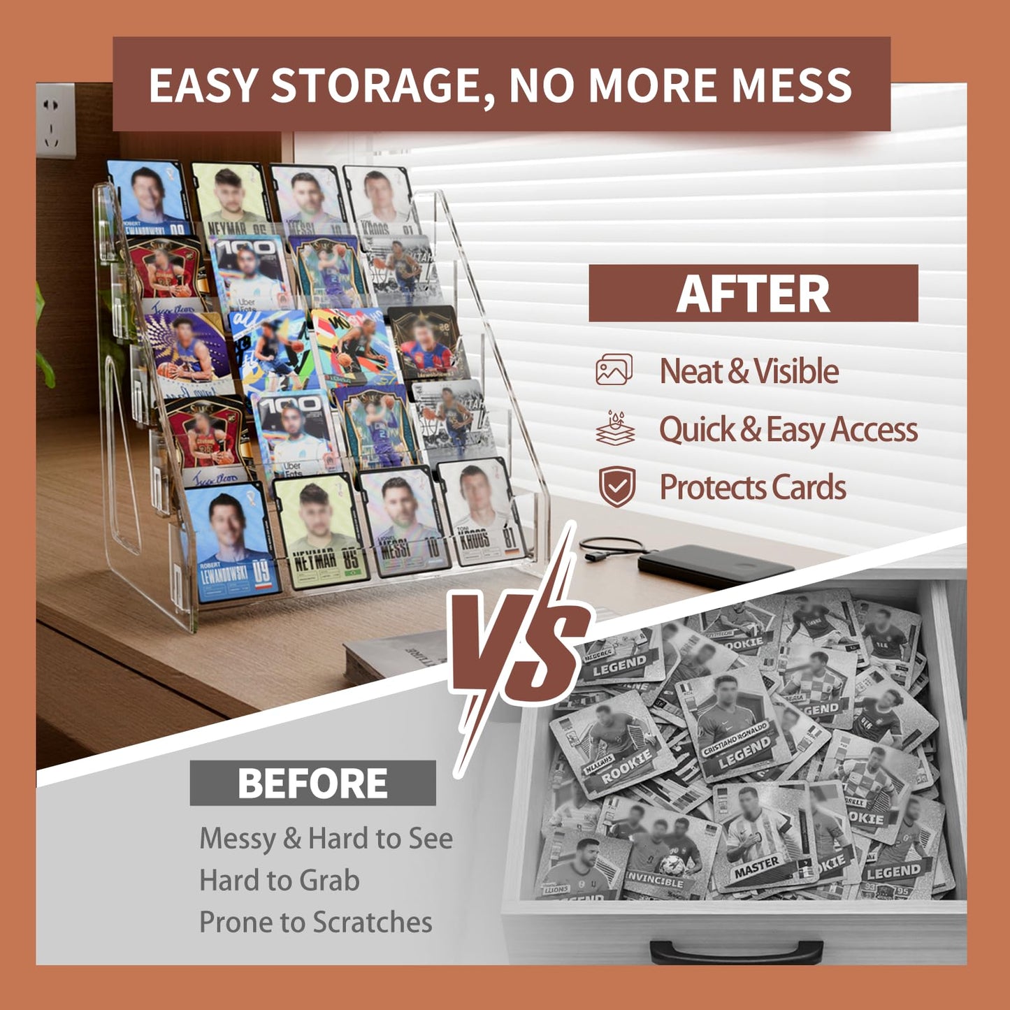 DUNPUTE 5 & 7 Tier Trading Card Display Stand, 12" Clear Acrylic Card Stands for Display, versatile Card Stands for Sports Cards, Graded & Greeting Cards, Postcards, Vendor Stickers, with Snap-On Assembly (Tall 5 Tier)