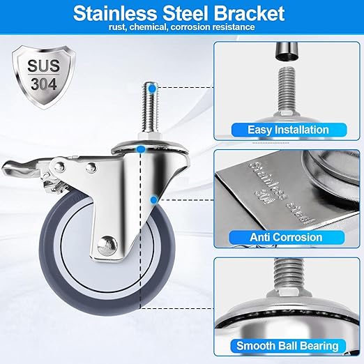 4 inch Stainless Steel Caster Wheels Heavy Duty, 3/8"-16x1 Threaded Stem Casters with Brake, Rust Resistant, Non-Marking Slient TPR Rubber Wheels for Hospital, Lab,Furniture,Restaurant