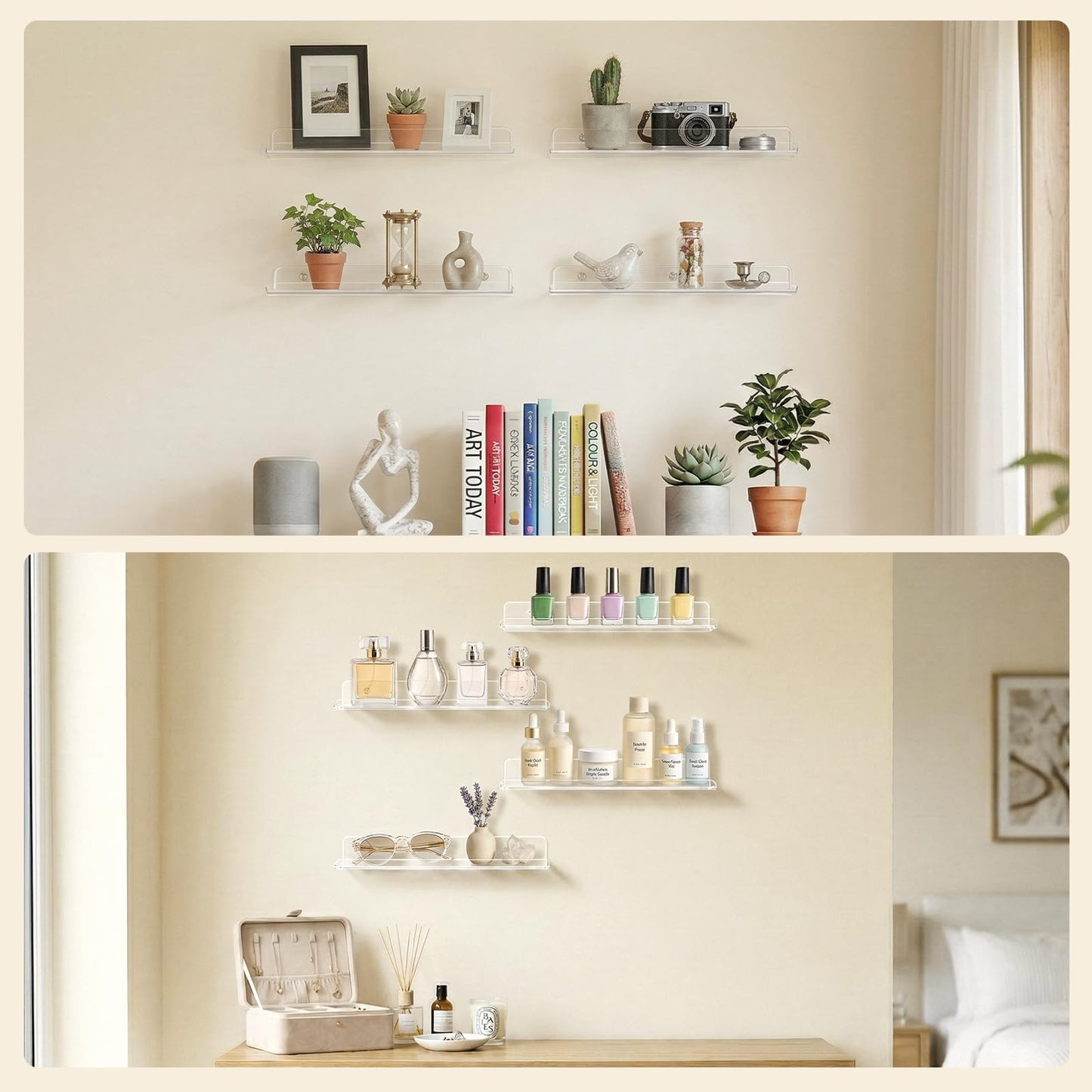Lifewit Floating Shelves for Bathroom, Acrylic Display Shelf Wall Mounted for Makeup, Skincare, Nail Polish, Book, 14" Perfume Organizer for Bedroom, Living Room, Nursery, Home Decor, Clear, 4 Pack